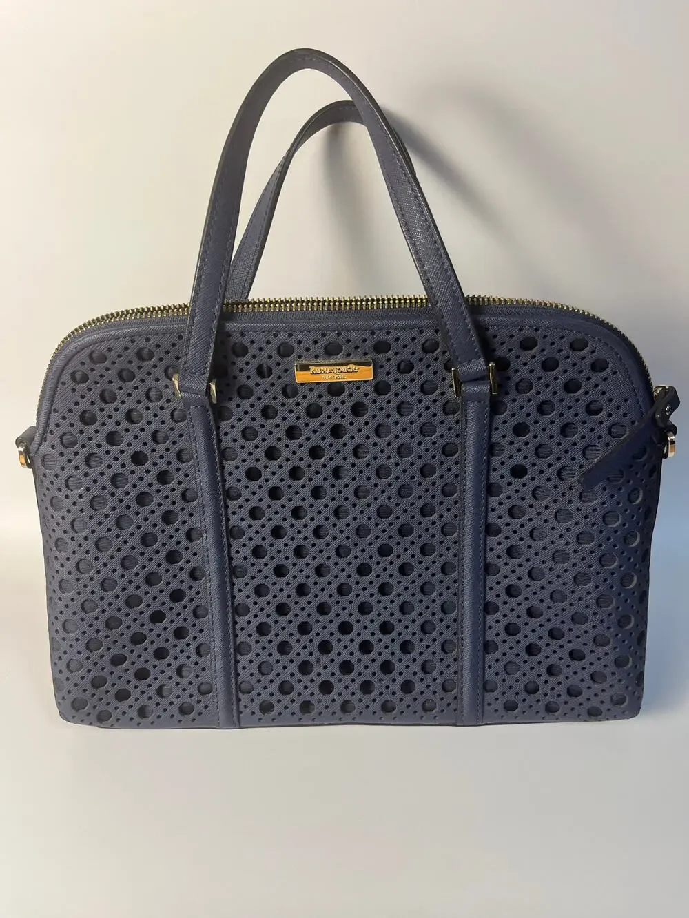 Kate Spade Navy Blue Perforated Leather Dome Satchel Handbag Gold Hardware